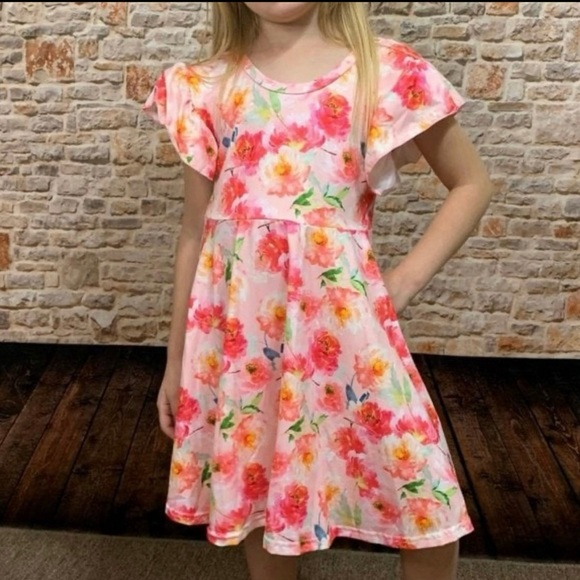NEW Boutique Girl’s Flutter Sleeve Pink Floral Dress - Picture 6 of 10
